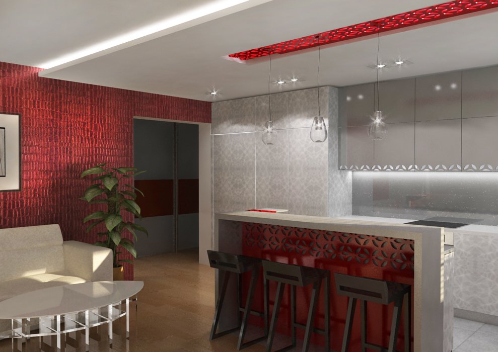 Projekt kuchni z wyspą przeznaczoną do jedzenia posiłków, czerwony ażur na suficie oraz czerwona tapeta nadaje nowoczesny wygląd wnętrzu