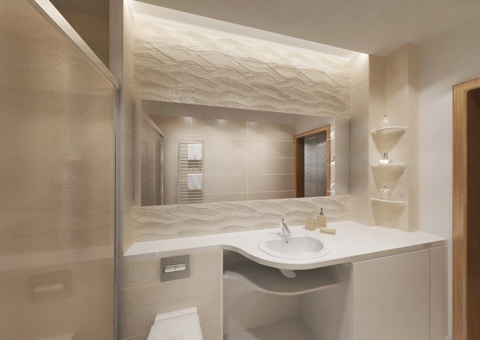 Projekt łazienki na wymiar firmy Tucano Polska, frez blatu wkomponowany doskonale z resztą asortymentu, Lustro w głębi
