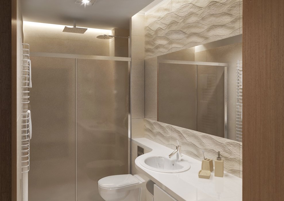 łazienka, projekt wnętrza Tucano Polska z piaskową mozaiką przy lustrze