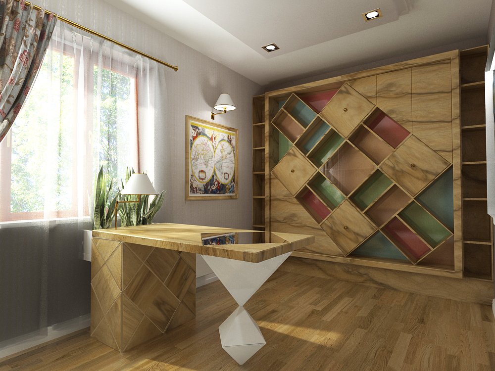 Nietypowe półki w wizualizacji gabinetu, miłe dla oka dopasowanie kolorów, projekt firmy Tucano Polska