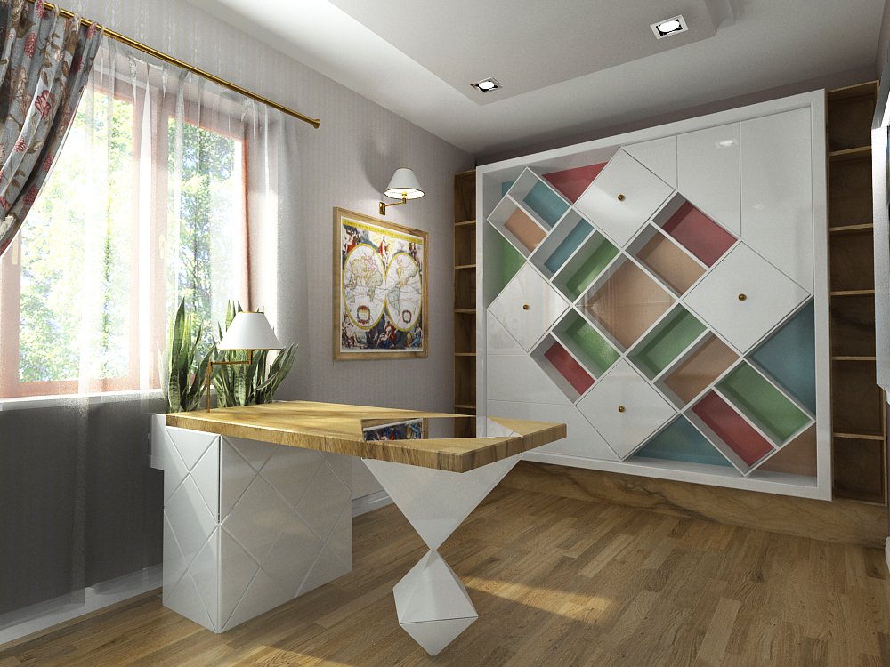 Wizualizacja projektu gabinetu biznesowego, nietypowe biurko stylowe wnętrze