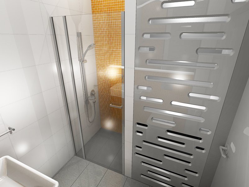 projekt wnętrza łazienki Tucano Polska, kabina prysznicowa, żółte kafelki w kabinie, ażurowy panel ścienny