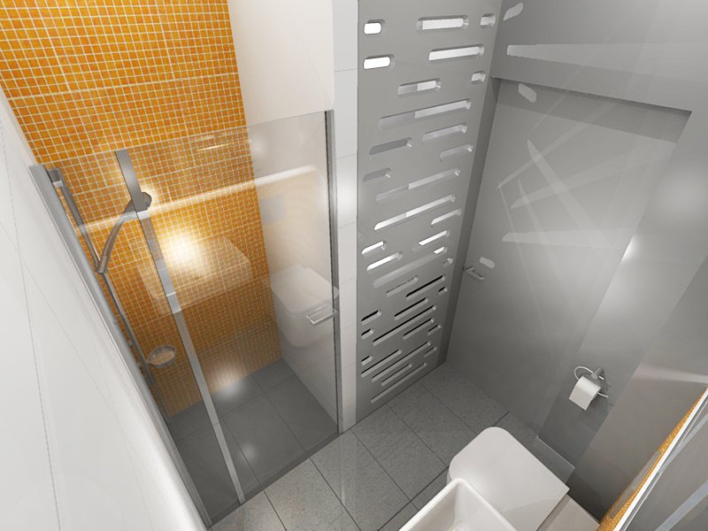 Mała łazienka w kawalerce, żółte kostki w kabinie prysznicowej, ażurowe panele. Wizualizacja Projektu aranżacji łazienki