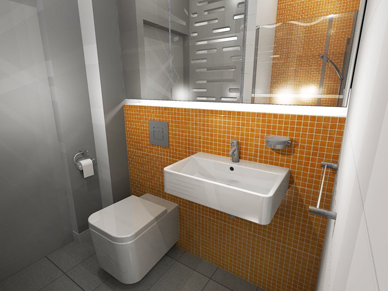 Projekt łazienki w kawalerce, duże lustro przy zlewie, poniżej żółte kafelki