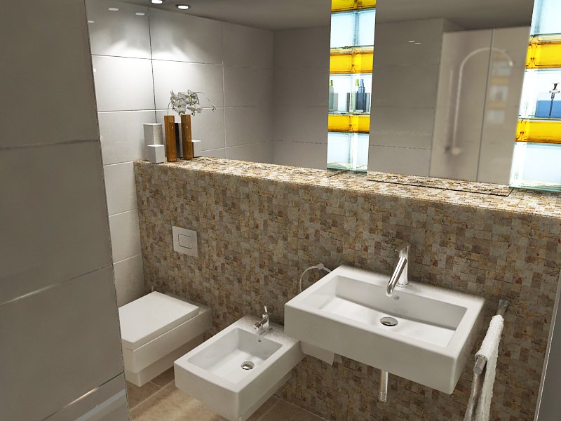 Projekt łazienki z mozaiką pod lustrem. Nowoczesny wygląd wnętrza i zagospodarowanie powierzchnią wnętrza