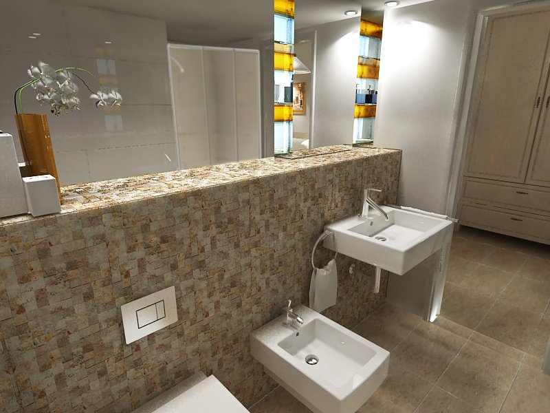 Wizualizacja łazienki z mozaiką, wyżej lustro. Nowoczesny standard łazienki: Bidet, muszla i zlew