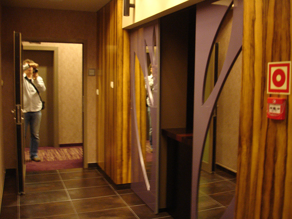 Drzwi rozsuwane do szatni w hotelu z ażurowym lustrem
